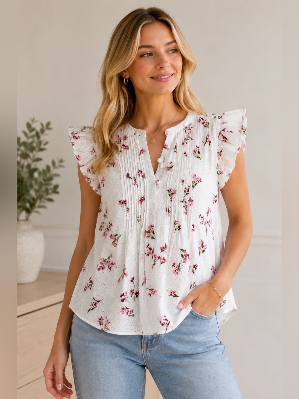 CeCe White Floral Eyelet Flutter Sleeve Blouse XS | Lined Cottagecore - Picture 1 of 6